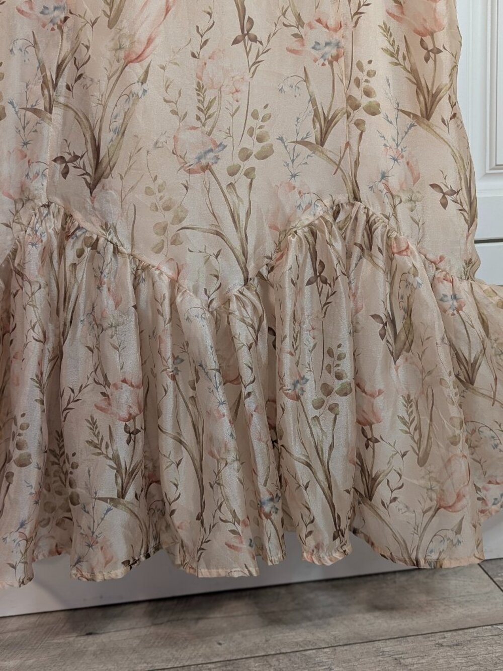Storia Floral Slip Maxi Dress L Ruffled Fishtail Hem Romantic Fairycore NWOT - Picture 4 of 14